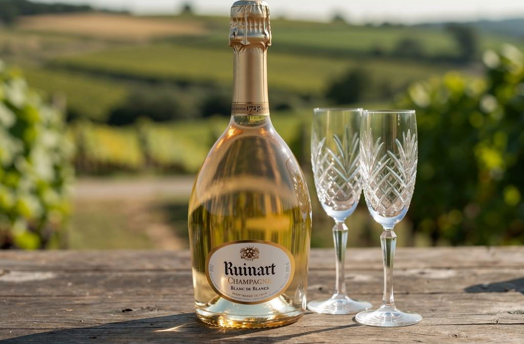 Bouteille de Champagne Ruinart Blanc de Blancs sur une table en bois dans un vignoble champenois