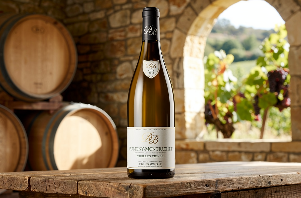 Bouteille de vin blanc de Bourgogne dans une cave viticole authentique