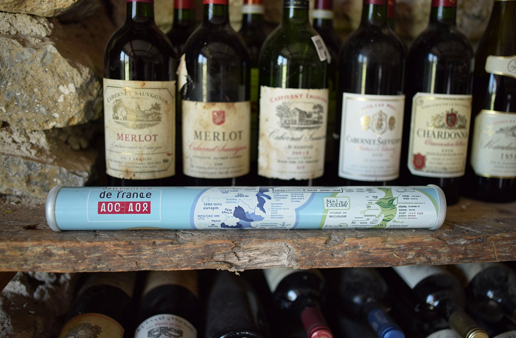 Tube de préservation du vin posé sur une étagère de cave avec des bouteilles de cépages français classiques