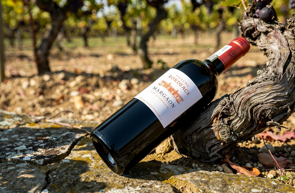 Bouteille de vin de Bordeaux posée sur le sol calcaire d'un vignoble ensoleillé.