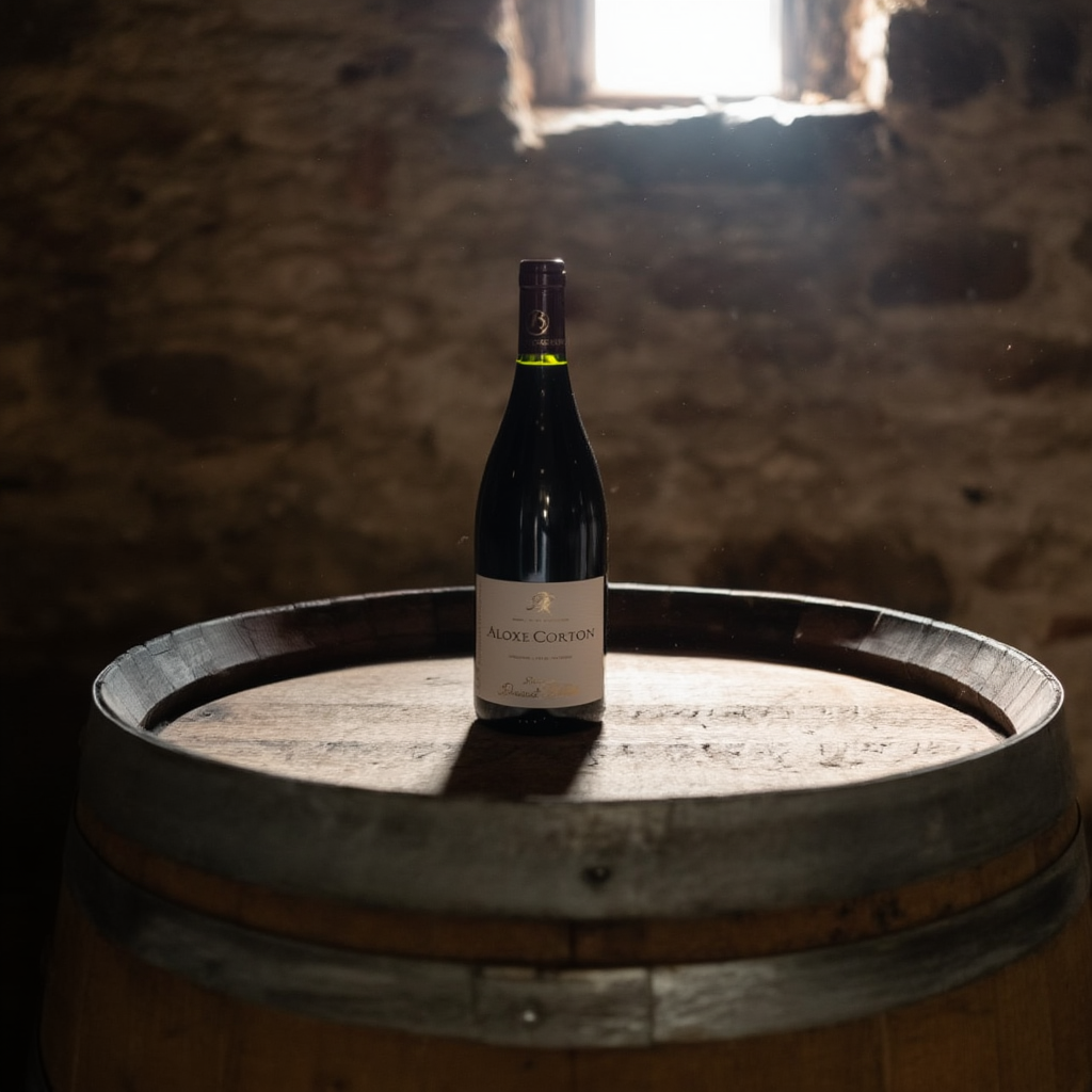 Bouteille de vin rouge Aloxe-Corton posée sur un tonneau de chêne dans une cave de vignoble français.