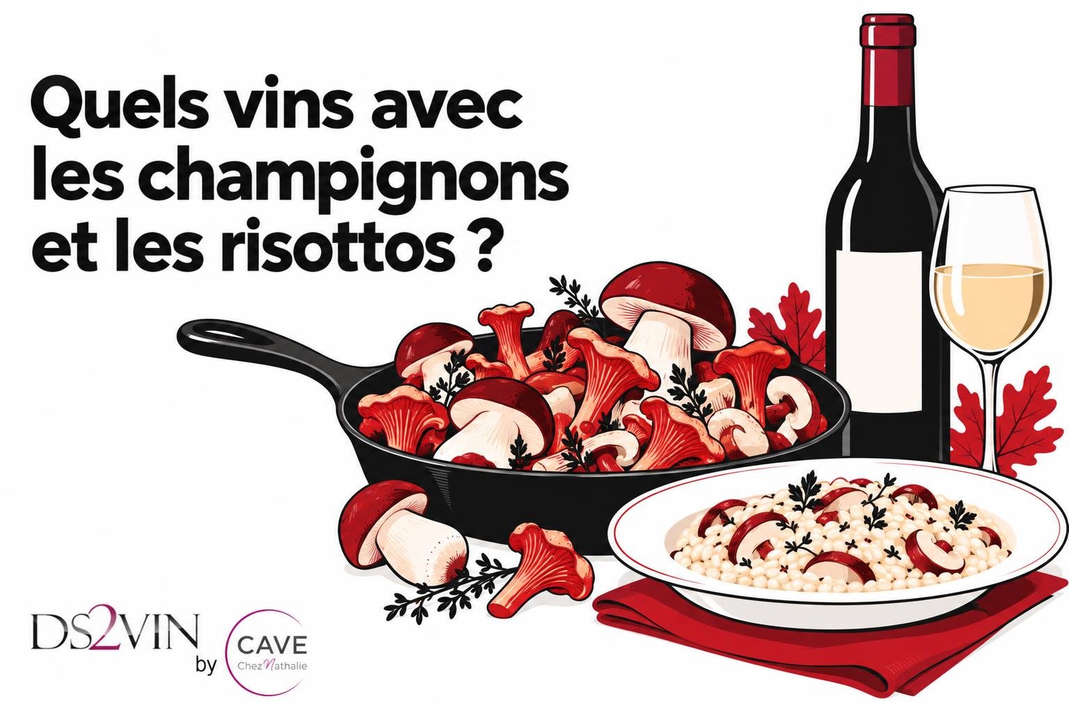 Assiette de risotto et poêlée de champignons avec une bouteille de vin et un verre à vin.