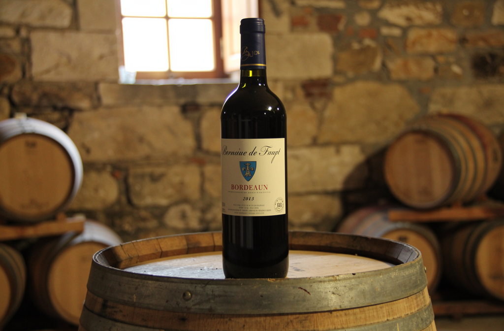 Bouteille de vin rouge de Bordeaux posée sur un tonneau de chêne dans une cave traditionnelle française.