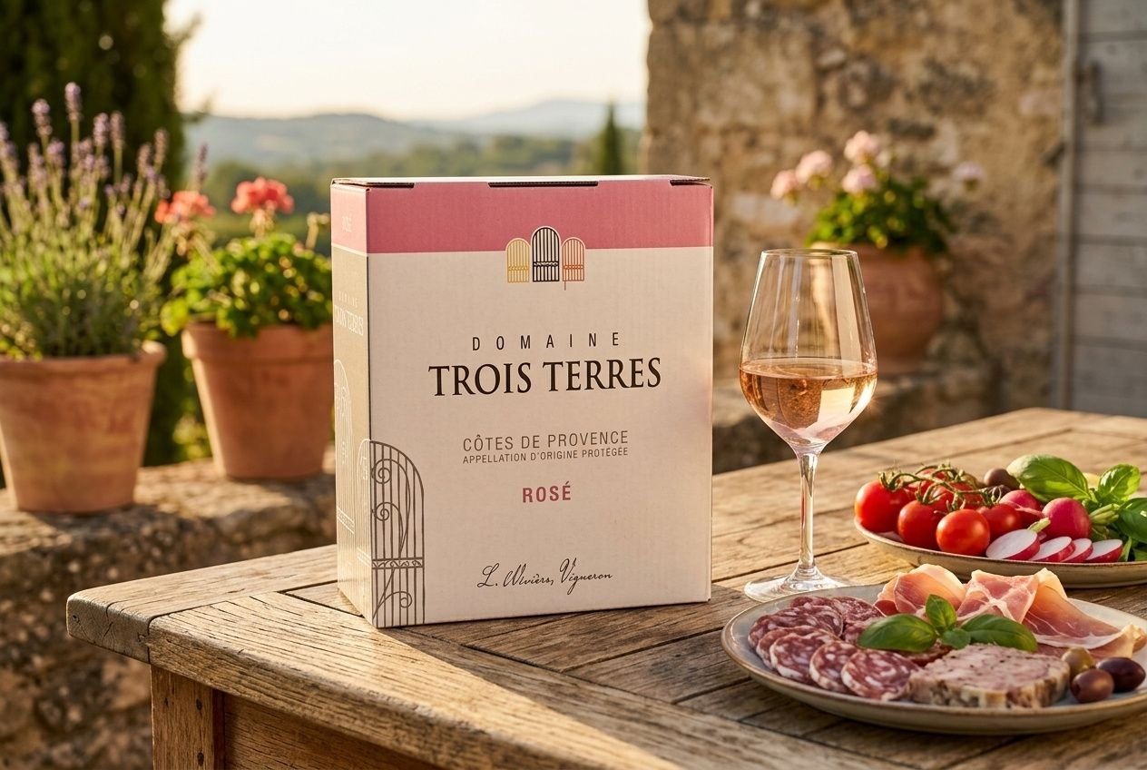 Bag-in-box rosé Domaine Trois Terres posé sur une table en bois avec un verre de rosé et une assiette de charcuterie en terrasse.