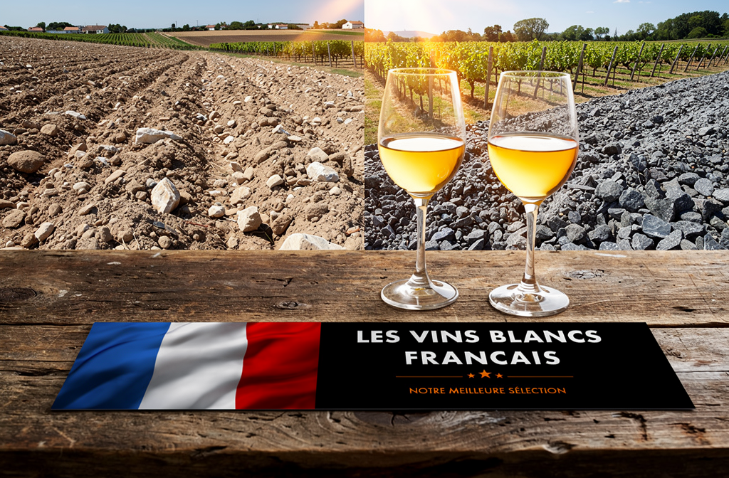 Bannière de sélection des vins blancs français posée sur une table en bois avec deux verres de vin blanc, entre vignobles de Bordeaux et de la vallée du Rhône.