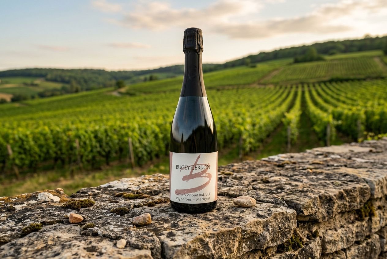 Bouteille de Cerdon Bugey posée sur un muret en pierre, vignoble en pente verdoyante à l’arrière-plan, ciel clair au coucher du soleil.