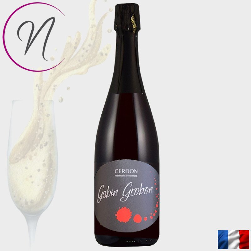 Bouteille de Cerdon “Gabin Grobon” avec étiquette grise et éclaboussures rouges.
