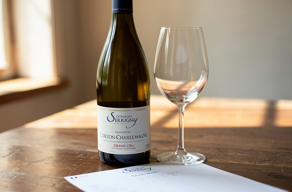 Bouteille de Corton-Charlemagne Grand Cru posée sur une table de dégustation avec un verre à vin blanc.