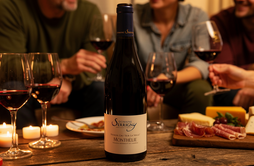 Bouteille de Monthélie Premier Cru Domaine Serrigny posée sur une table en bois lors d'une dégustation conviviale entre amis.