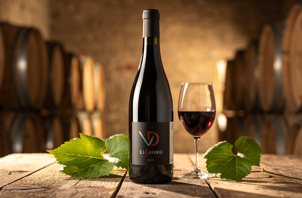 Bouteille de vin rouge biologique de Loire posée sur une table en bois dans une cave vigneronne ensoleillée.