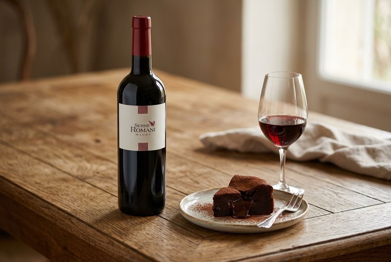 Bouteille de Maury Serre Romani posée sur une table en bois avec un fondant au chocolat et un verre de vin rouge.