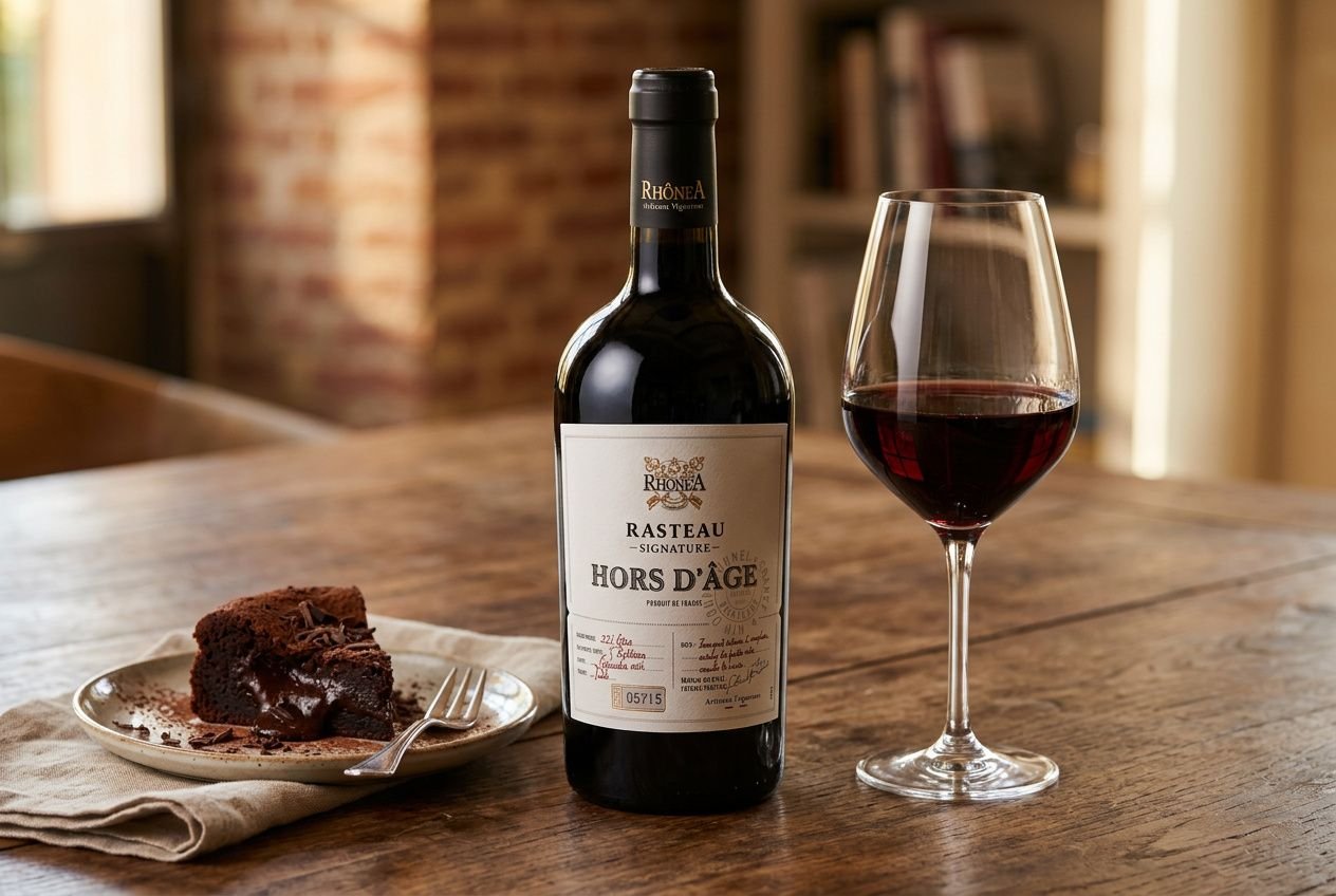 Bouteille de Rasteau Hors d'Âge accompagnée d'un fondant au chocolat et d'un verre de vin sur une table en bois rustique.