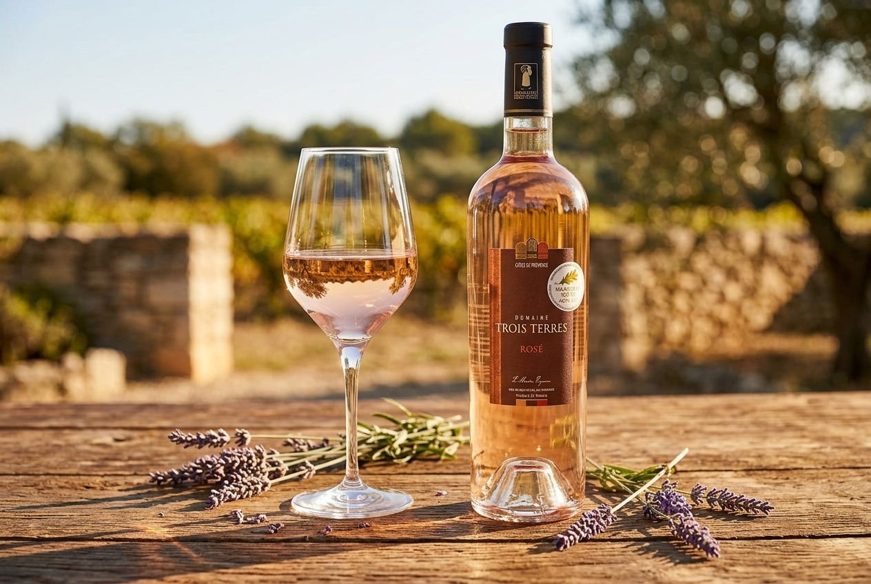 Bouteille de rosé Domaine Trois Terres posée sur une table en bois avec un verre de vin rosé au soleil.