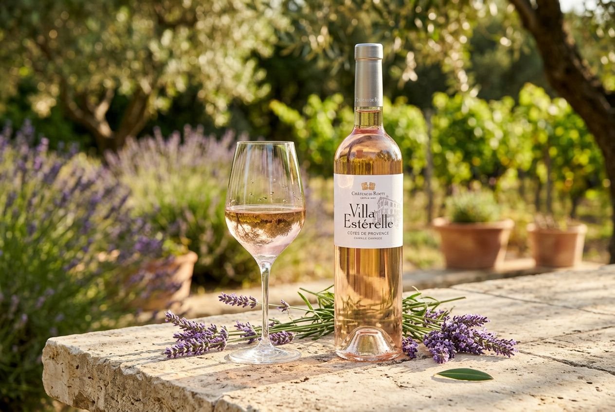 Bouteille de rosé Villa Estérelle Côtes de Provence posée sur une table en pierre dans un jardin provençal ensoleillé.