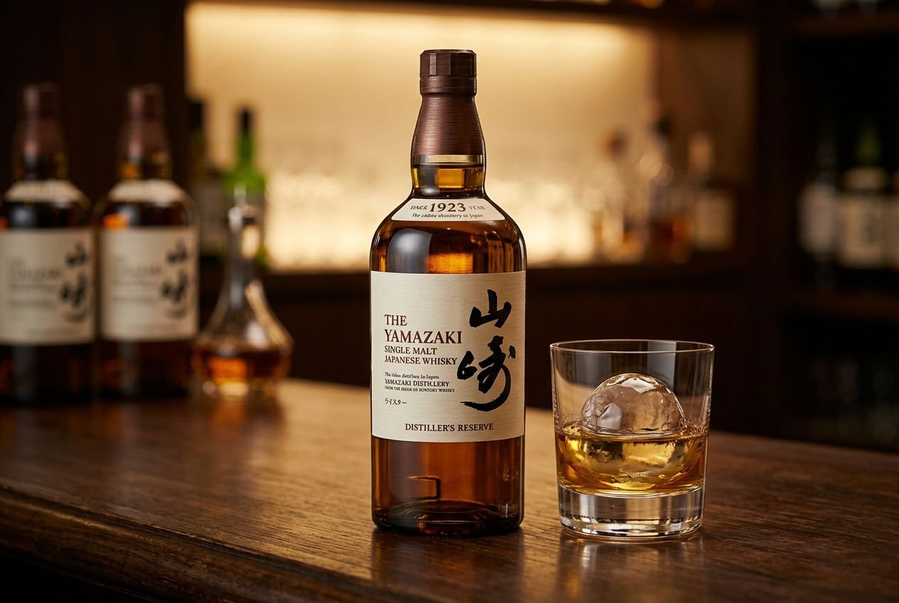 Bouteille de whisky japonais The Yamazaki sur un comptoir, verre à whisky avec glaçon à côté, ambiance bar boisée. types de spiritueux.