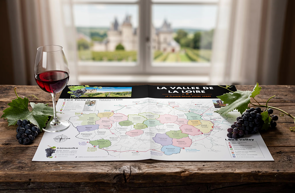 Carte des appellations viticoles de la vallée de la Loire posée sur une table en bois avec un verre de vin rouge et des raisins.