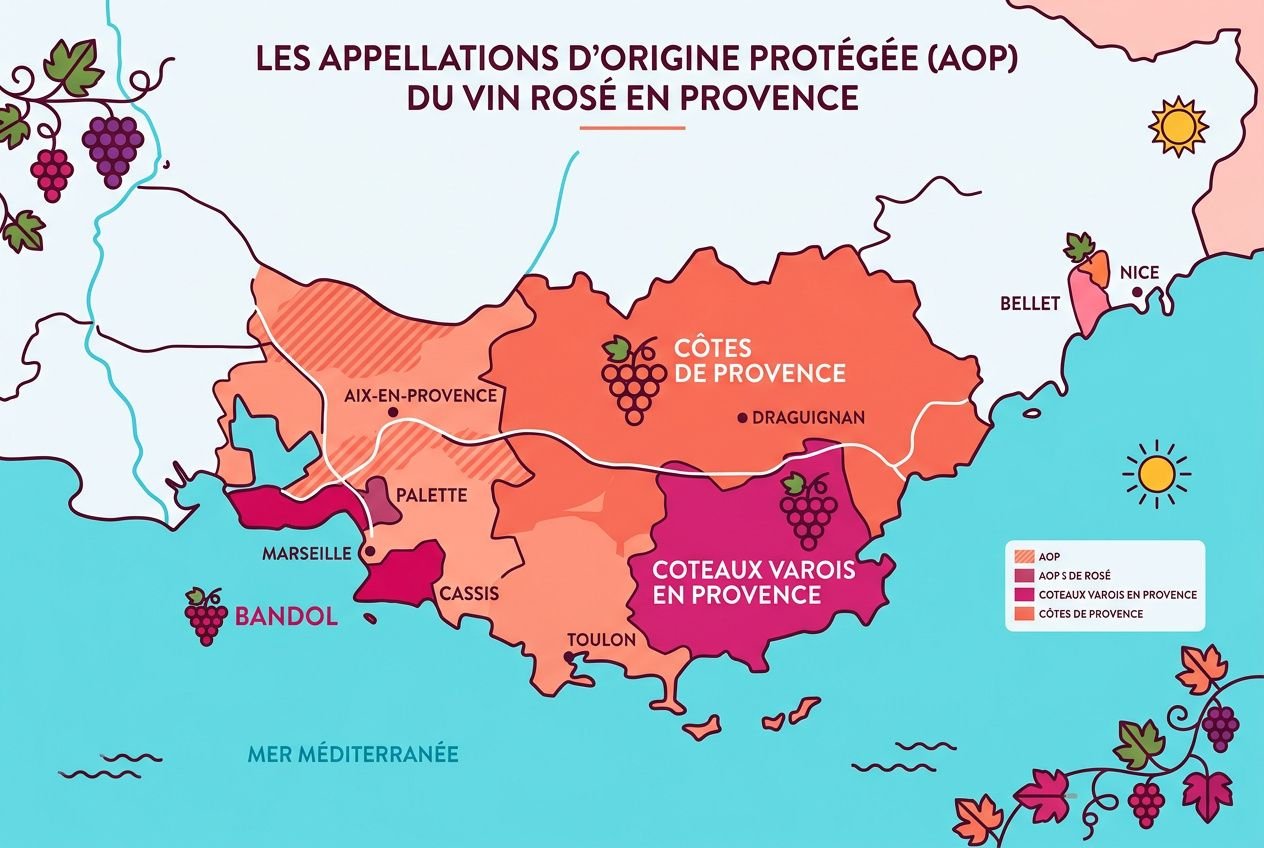 Carte illustrant les appellations d’origine protégée (AOP) du vin rosé en Provence, avec les zones Côtes de Provence et Coteaux Varois en Provence.