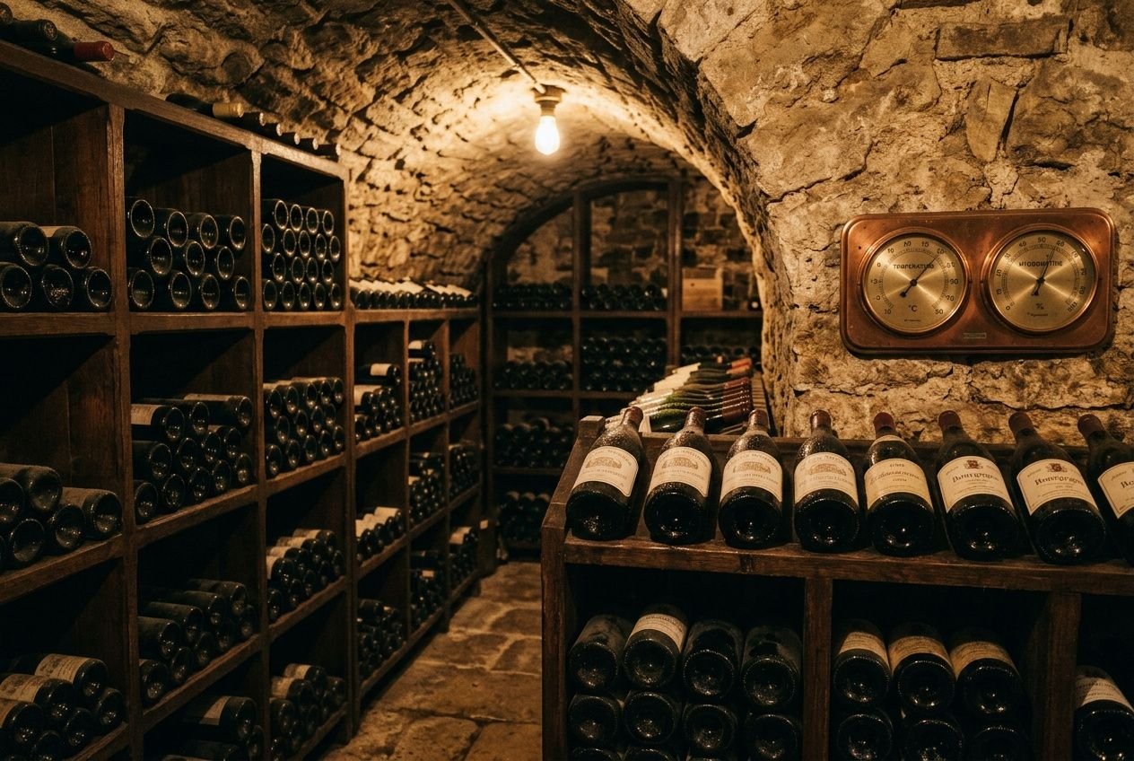 Cave à vin ancienne avec bouteilles alignées, rangées sur des étagères en bois et un manomètre mural. commentaire: comment bien conserver le vin intégré.