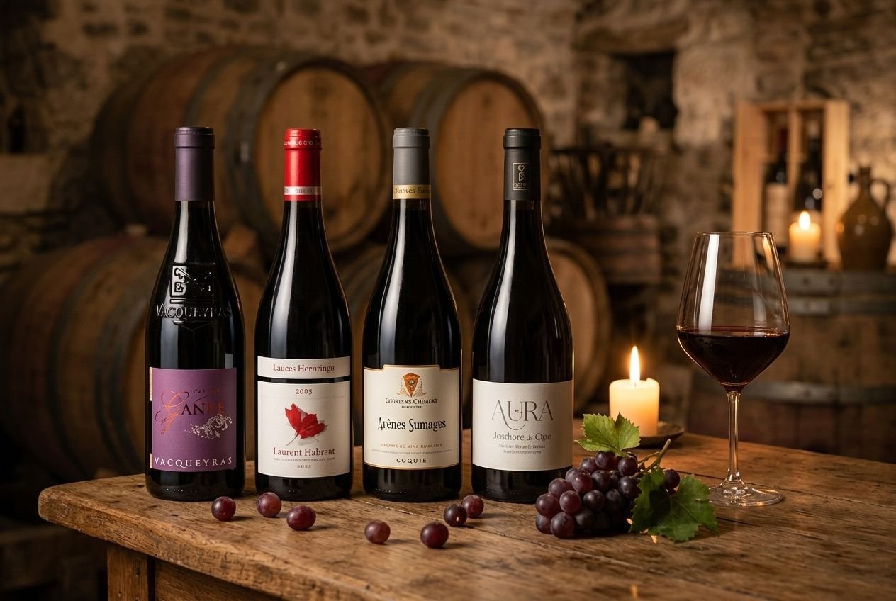 Cinq bouteilles de vin rouge alignées sur une table en bois, verres et grappes de raisin, ambiance vigneronne avec bougie éclairant la scène, évoquant richesse des vins du vaucluse.