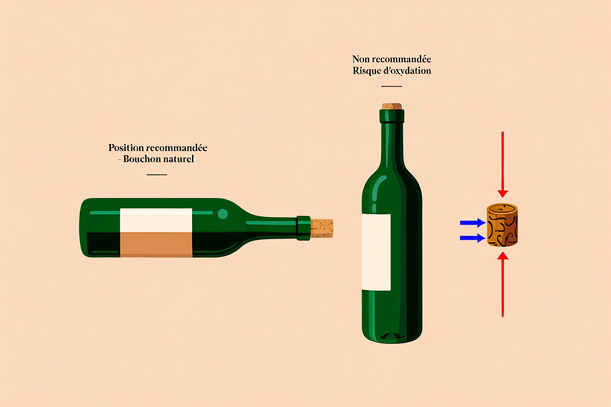 Comment bien conserver le vin : bouteilles couchées, bouchon naturel et cork à position verticale côté bouchon naturel, contre-objectif de non oxydation.