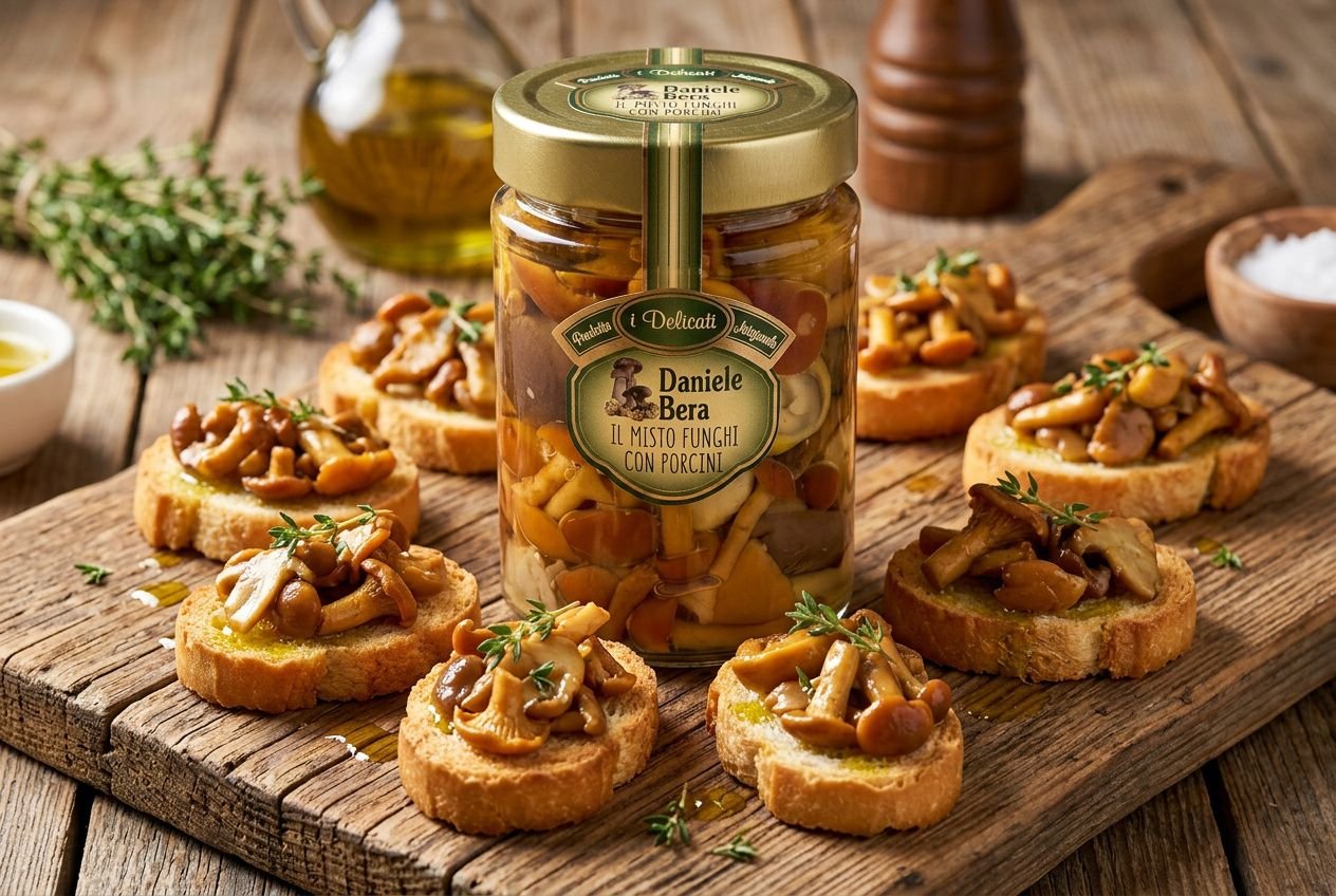 Croûstini garnis de champignons et d’un pesto dans un bocal, apéro dinatoire idées présentées sur planche en bois.
