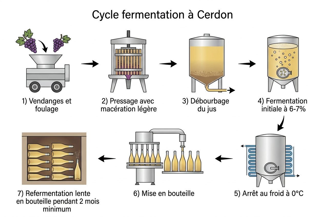 Cycle fermentation à Cerdon: vendanges, pressage, jus débourbé, fermentation initiale, arrêt au froid, mise en bouteille et réfermentation en bouteille. cerdon bugey