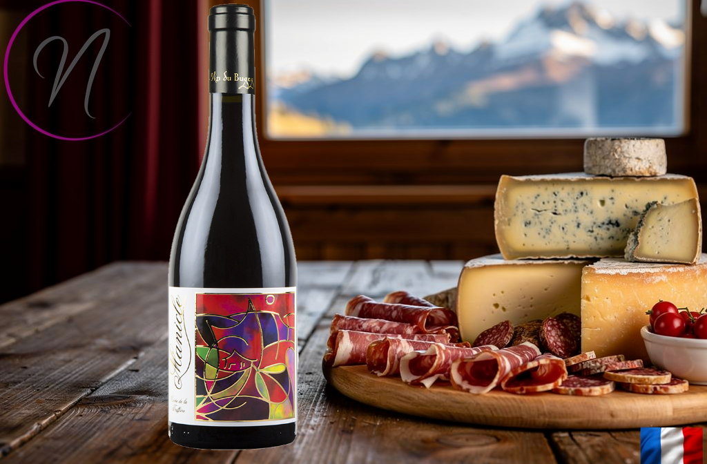 Bouteille de vin rouge au premier plan, assise sur une table en bois, accompagnée d’un plateau de fromages, charcuterie et tomates cerises, avec un fond champêtre.