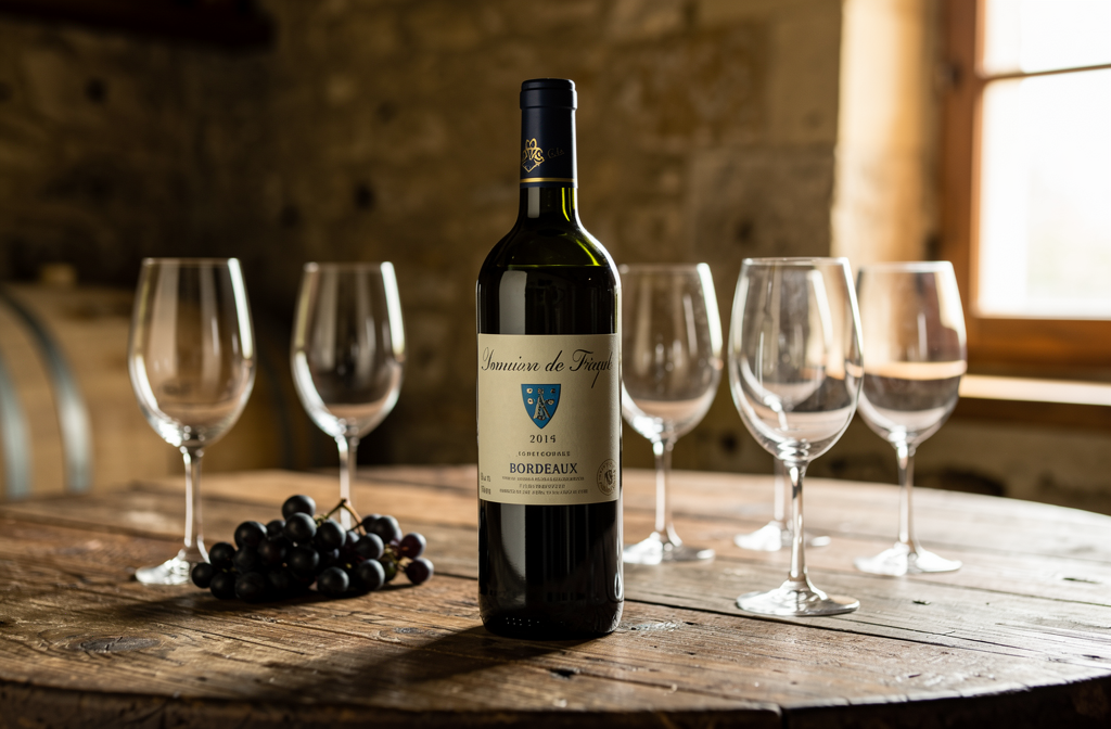 Bouteille de vin de Bordeaux mise en scène dans une cave de vignoble traditionnelle