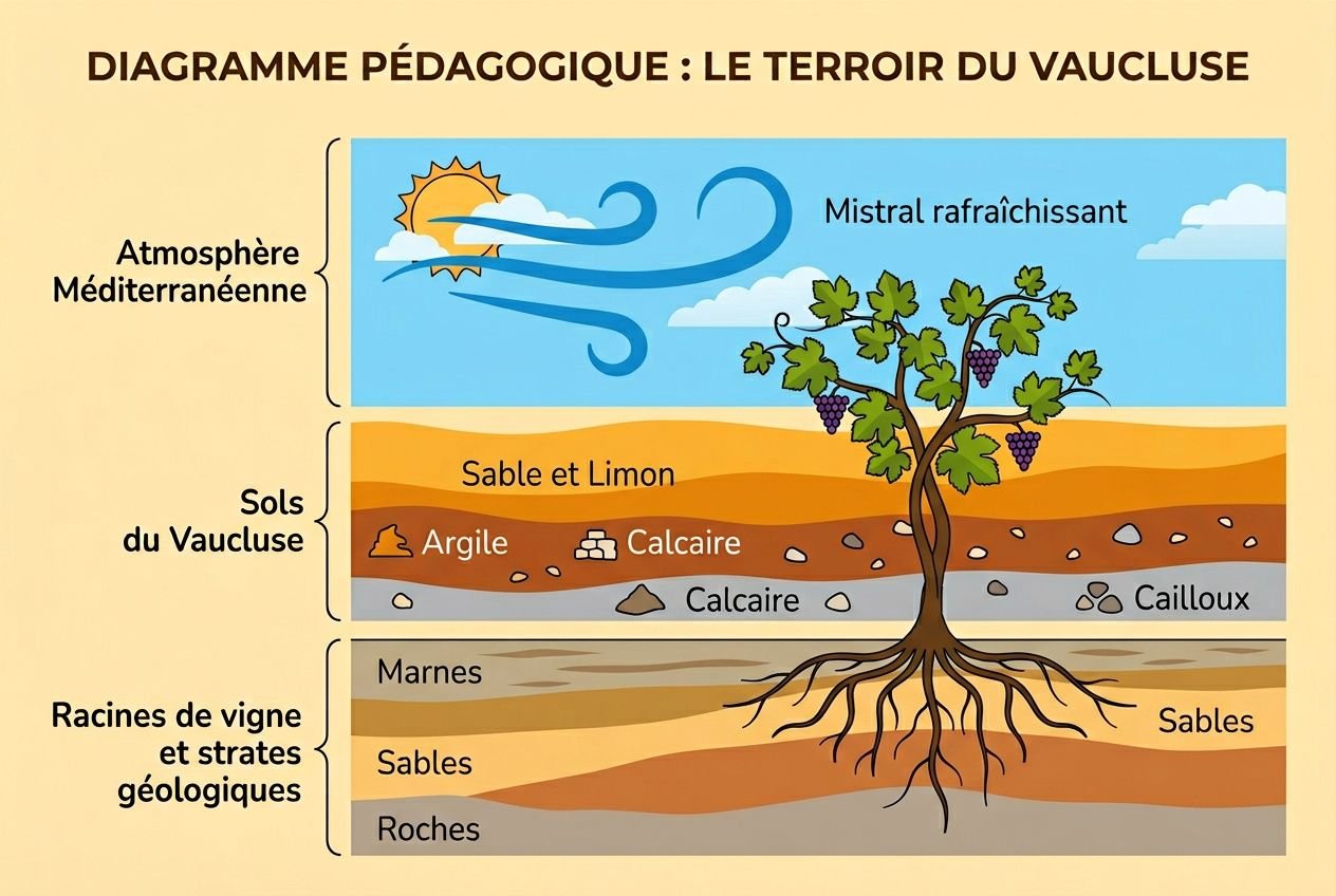 Diagramme pédagogique illustrant le terroir du Vaucluse: ambiance méditerranéenne, arbre de vigne et couches géologiques (racines profondes, sols sableux et calcaires), avec vents et Mistral, représentant richesse des vins du vaucluse.