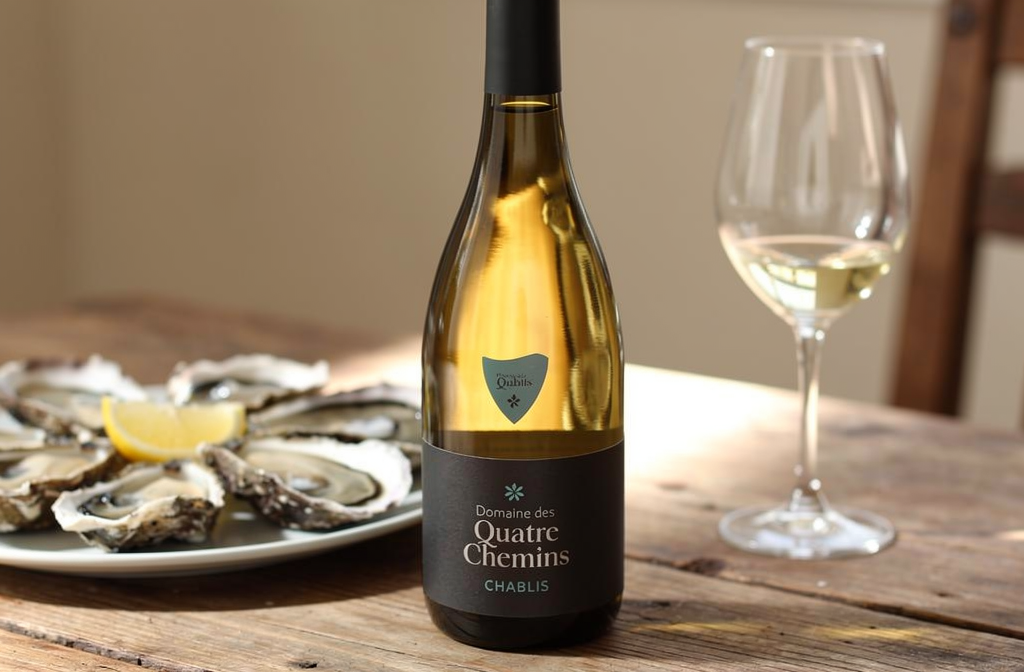 Bouteille de vin blanc Quatre Chemins sur une table avec des huîtres fraîches.