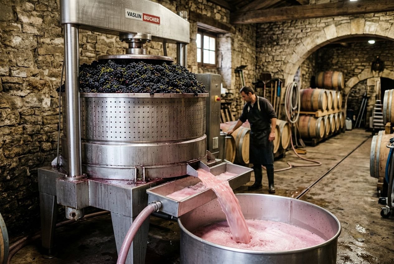 Extraction et pressage du raisin pour les vins rosés dans une cave, avec bassine de jus rosé.