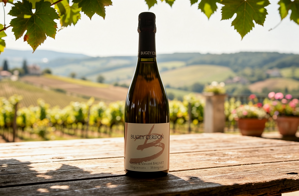 Bouteille de Bugey Cerdon sur une terrasse de vignoble ensoleillée