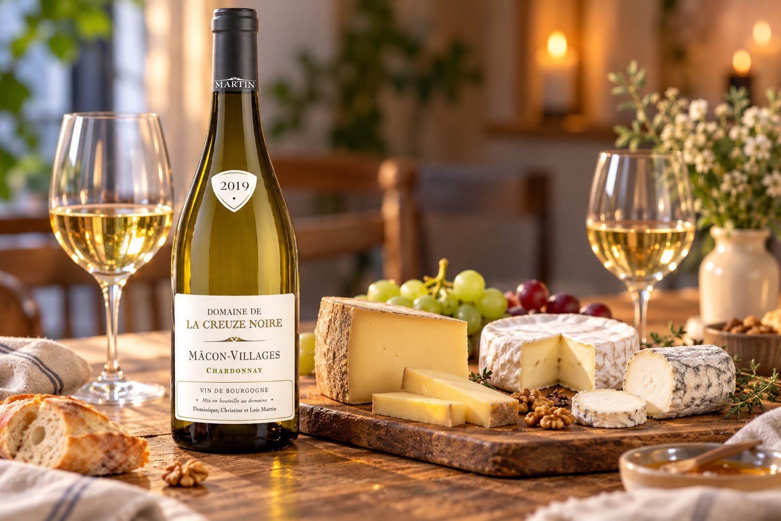 Un plateau de fromages avec des raisins et des noix est posé près d’une bouteille de vin blanc et de deux verres.