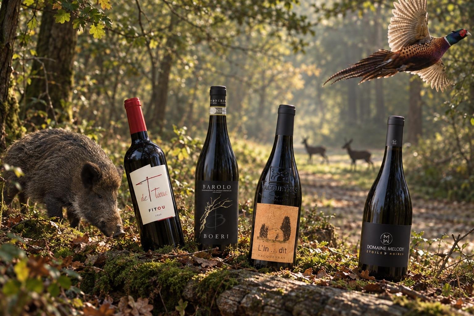 Quatre bouteilles de vin alignées sur une souche dans une forêt automnale, avec un faisan en vol à droite et des animaux