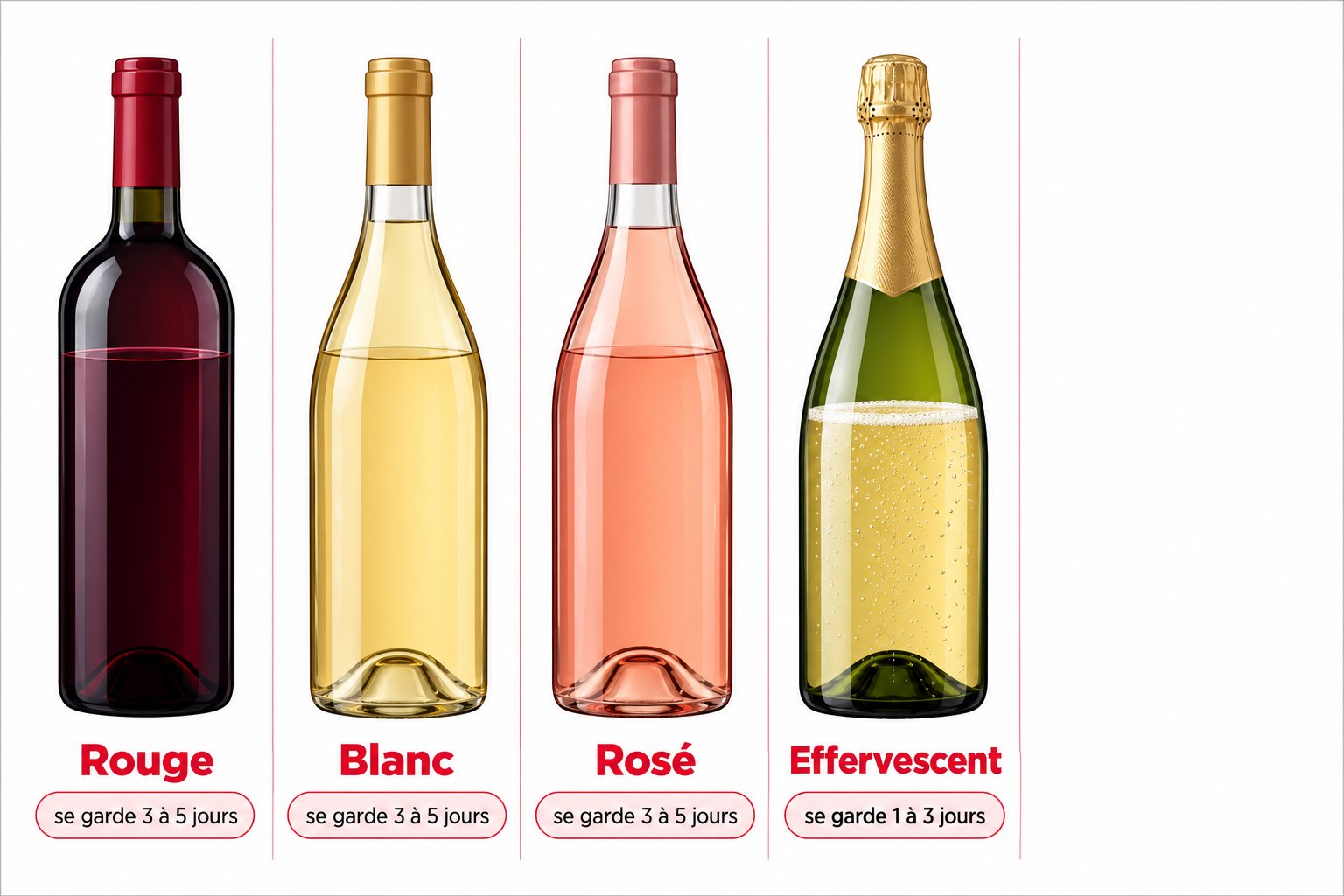 Quatre bouteilles de vin rouge, blanc, rosé et effervescent sont alignées.