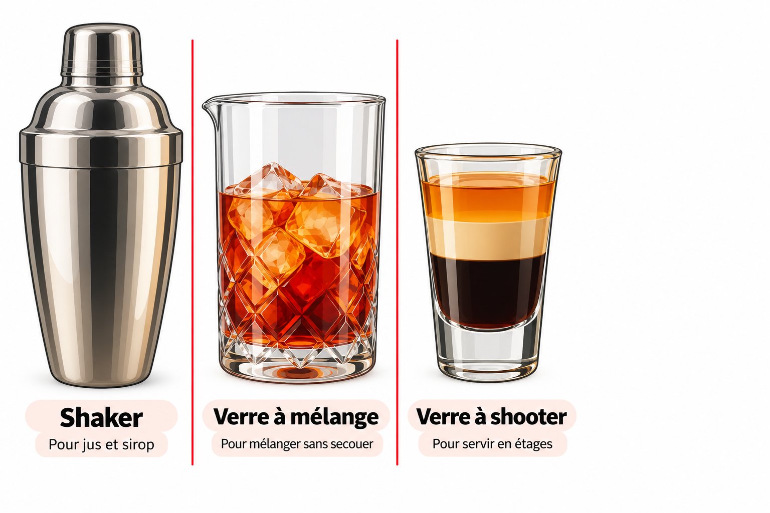 Shaker métallique, Verre à mélange avec des glaçons et Verre à shooter contenant un cocktail par couches ont l’air sur une même