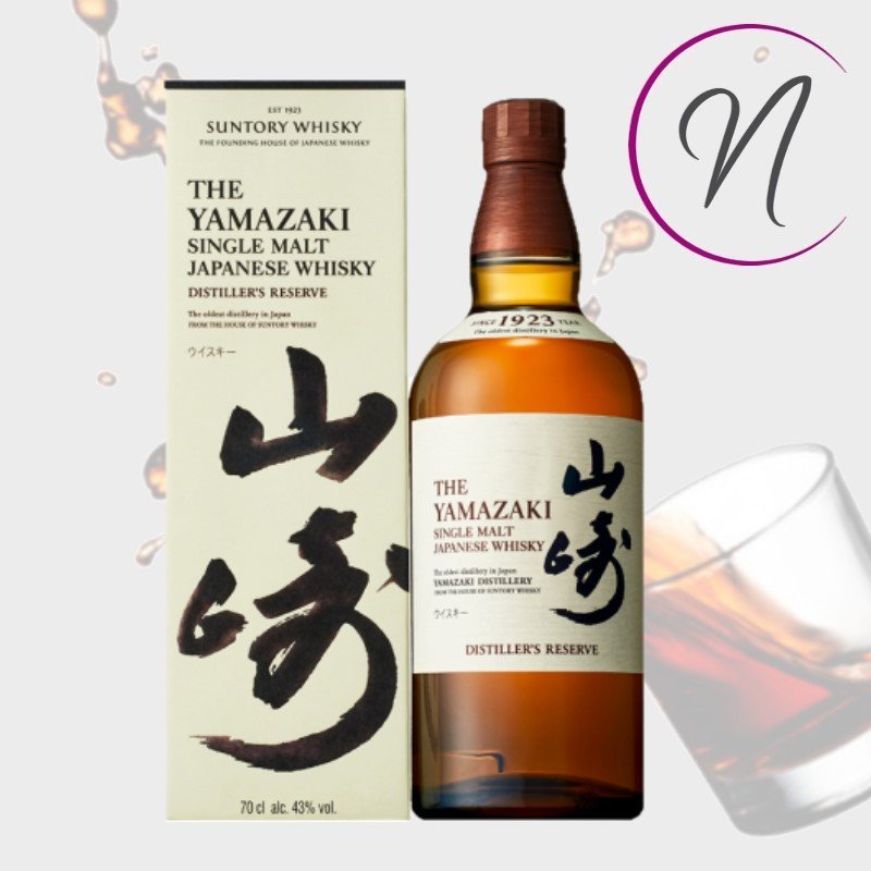 The Yamazaki single malt japonais avec sa boîte, bouteille et logo N, évoquant les types de spiritueux.