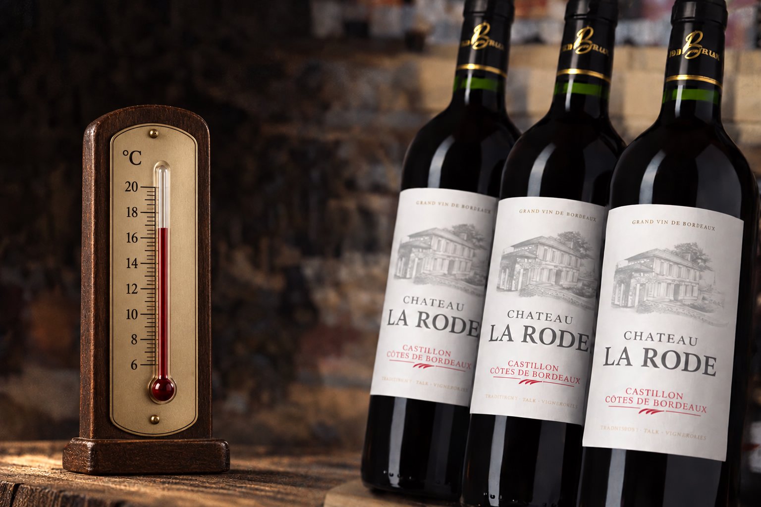 Thermomètre vintage près de trois bouteilles Château La Rode, vin rouge en cave.
