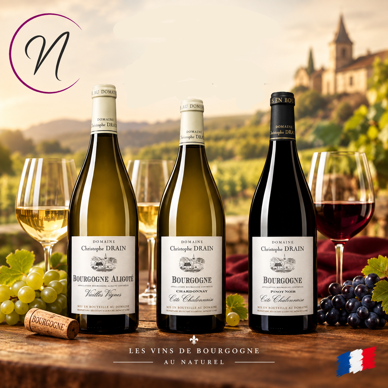 Trois bouteilles de Bourgogne Domaine Christophe Drain au premier plan avec verres de vin et grappes de raisin, paysage
