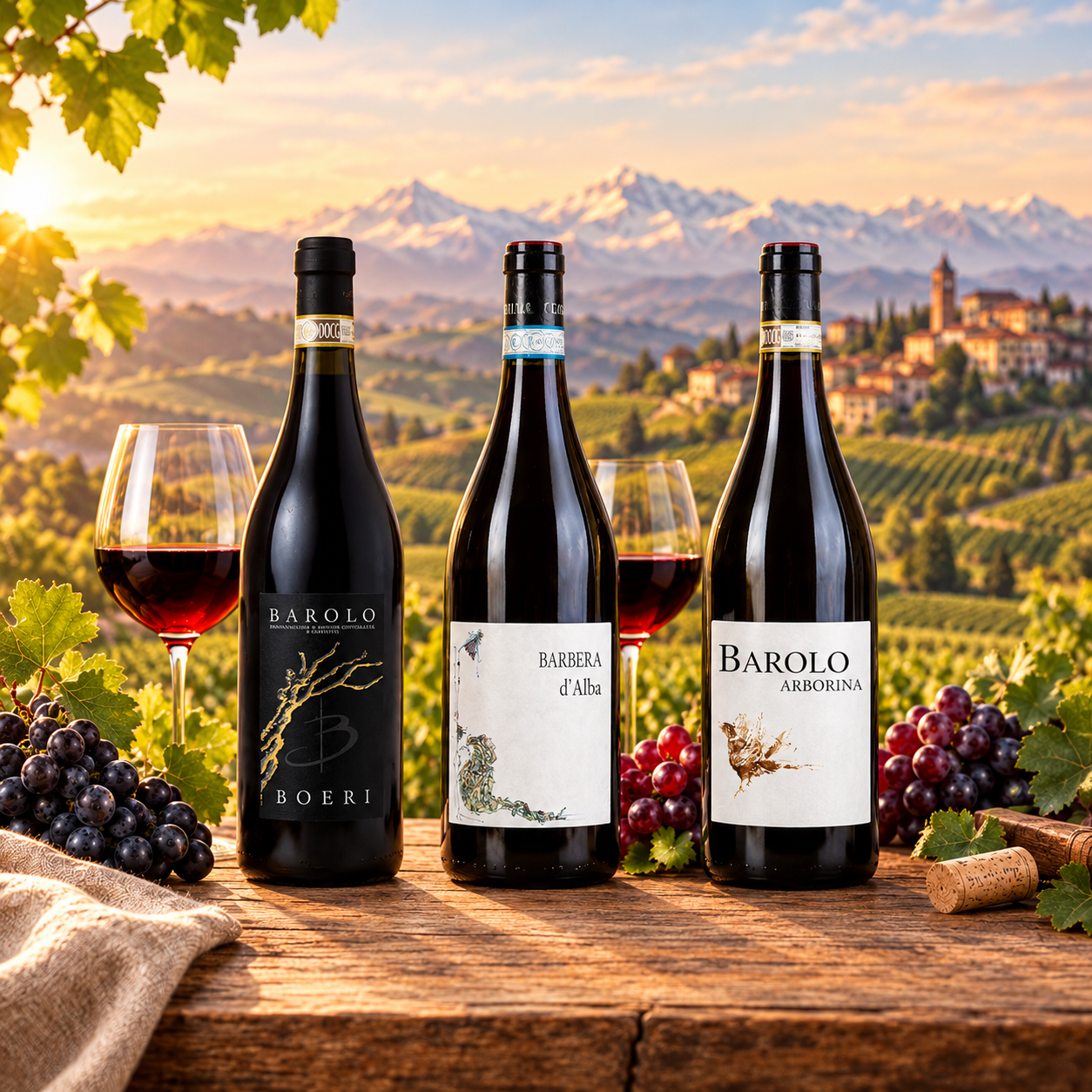 Trois bouteilles de vin rouge sur une planche en bois, avec raisin et verre à côté, vignoble et collines en arrière-plan au