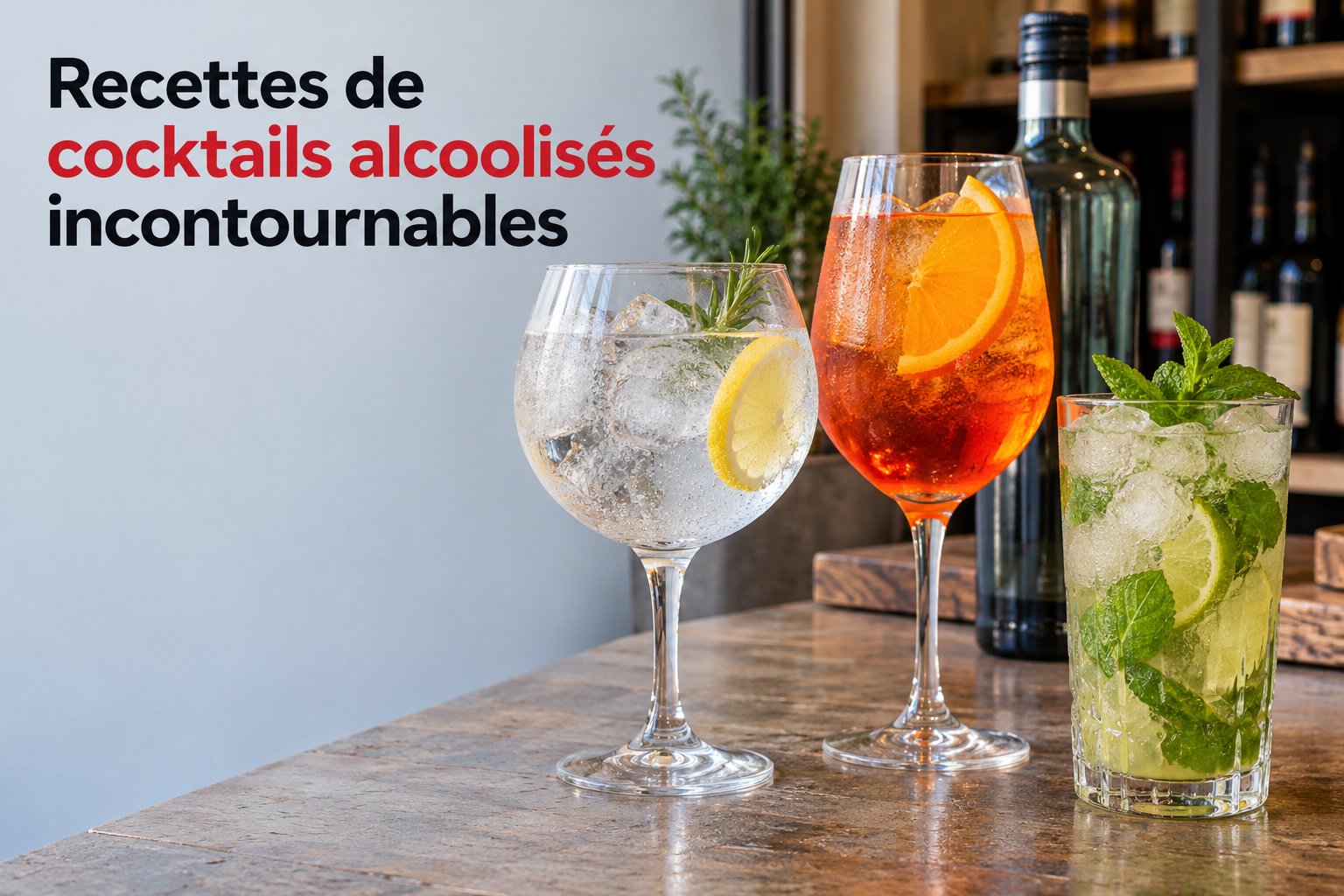 Trois cocktails servis dans des verres différents avec des glaçons et des garnitures, sur un comptoir en bois.