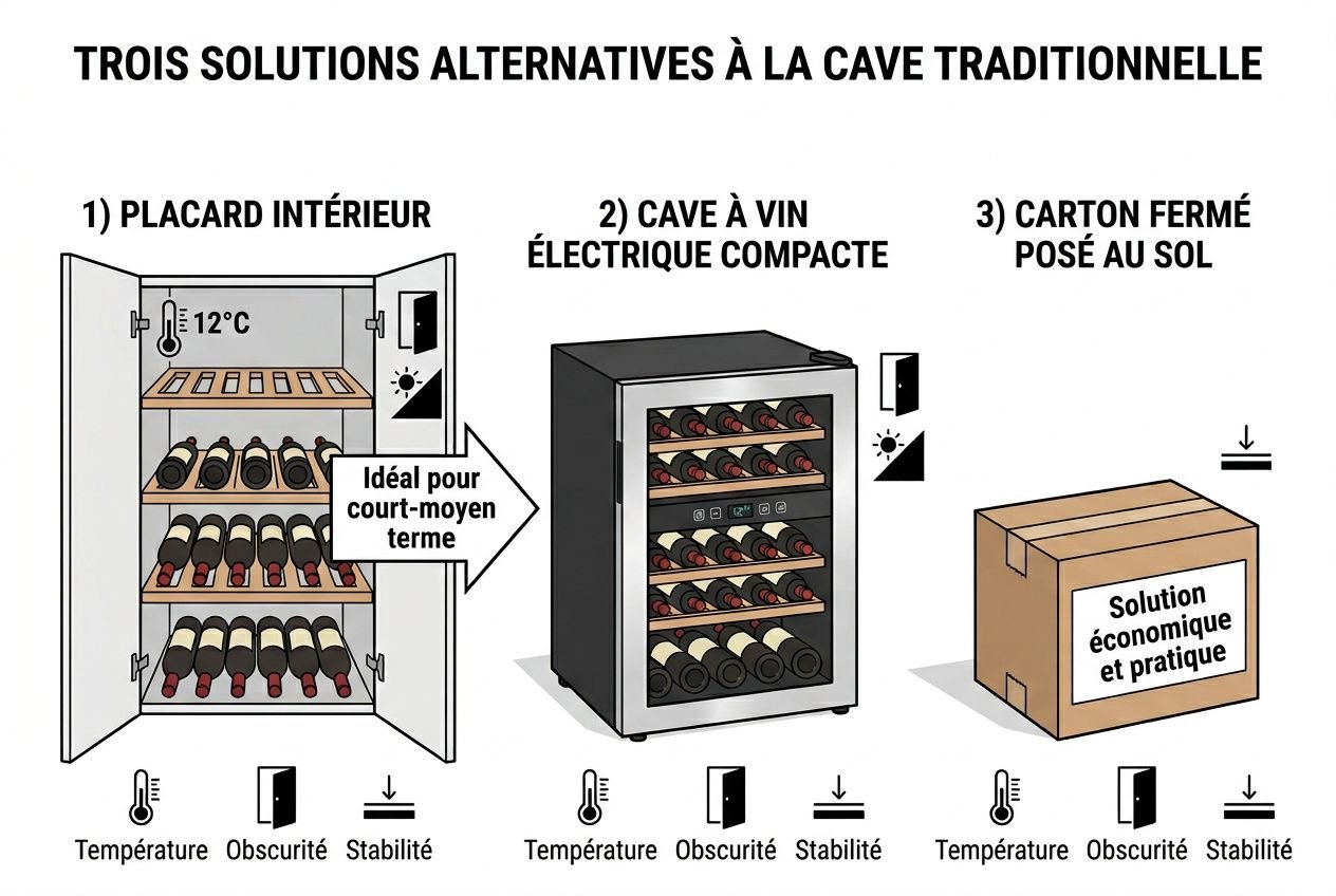 Trois solutions alternatives à la cave traditionnelle pour le vin: placard intérieur, cave à vin électrique compacte et carton fermé posé au sol, avec températures et stabilité.