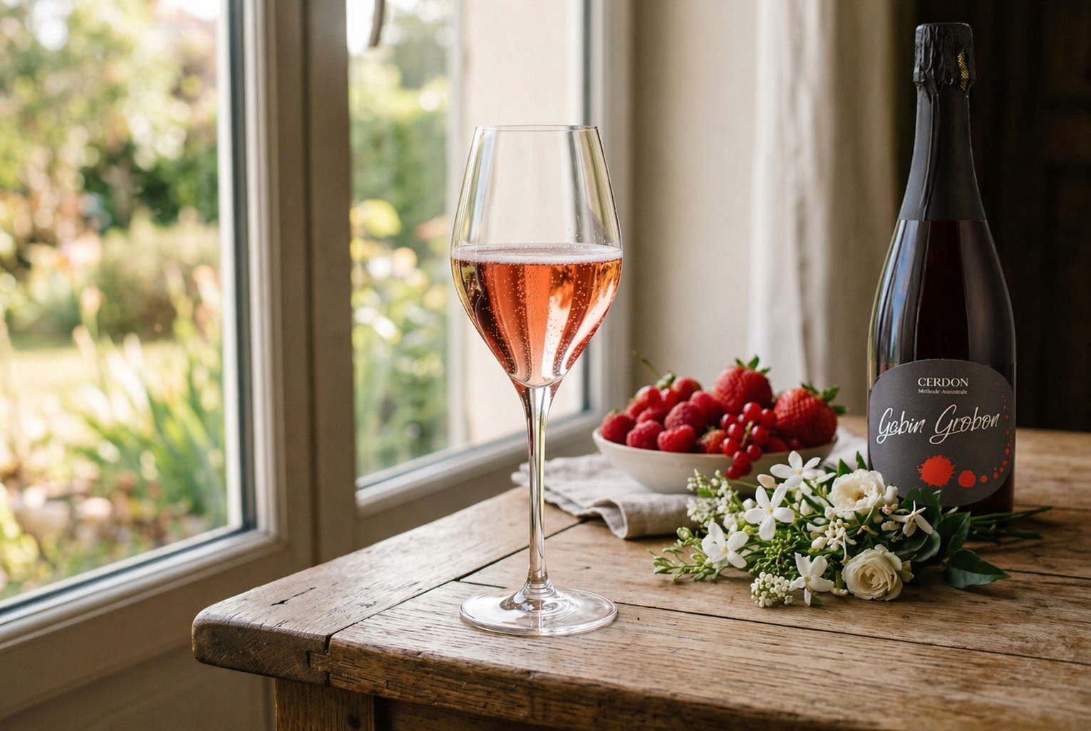 Verre de rosé élégamment servi sur une table en bois près d'une fenêtre, avec une bouteille et des fraises fraîches entourées de fleurs.