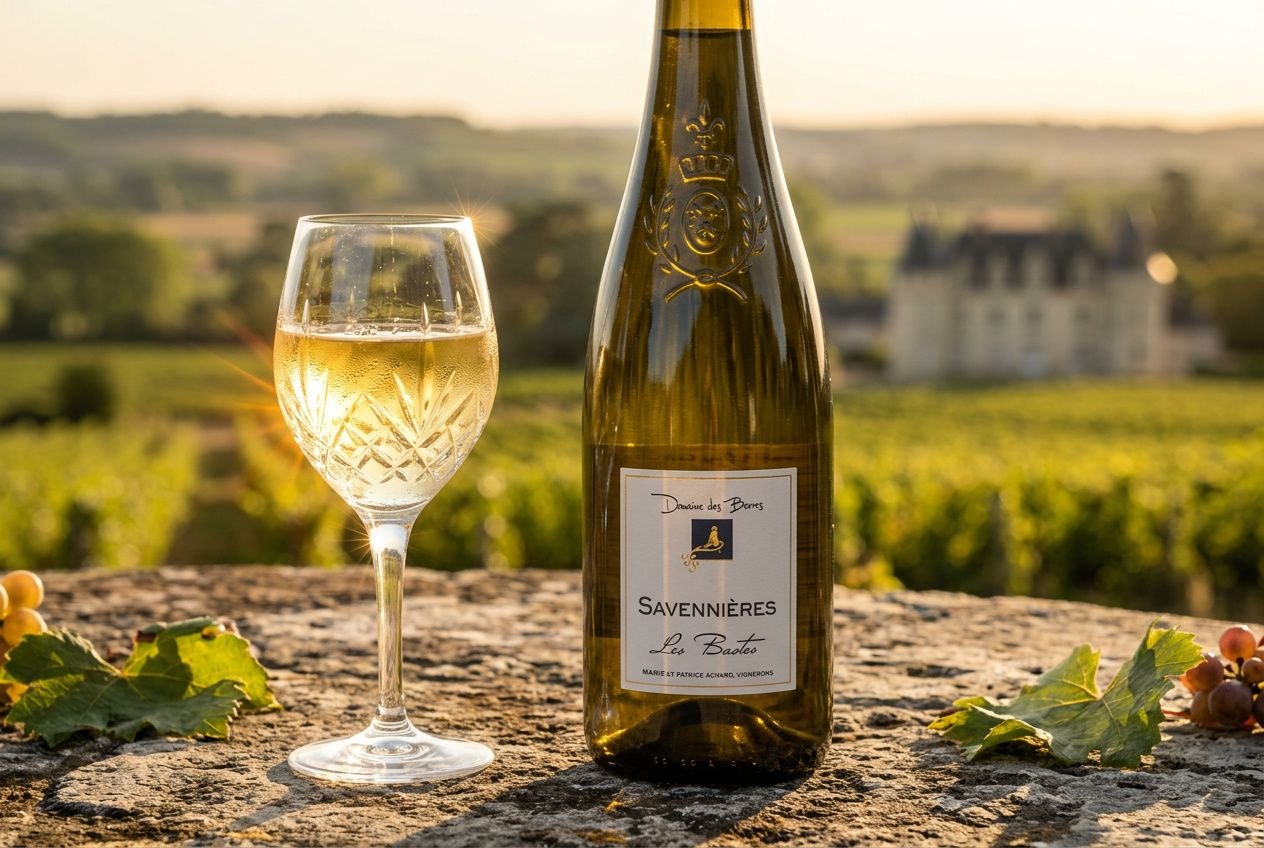 Verre de vin blanc et bouteille sur une pierre, paysage de vignes en arrière-plan, et une étiquette indiquant Savenières et Le Bouteau.